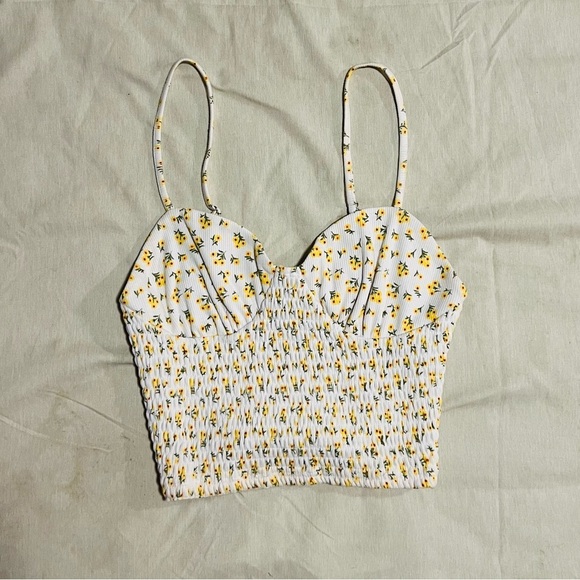Forever 21 Bustier Smocked Tank Top in White + Yellow Floral Print | size Small - Picture 2 of 6